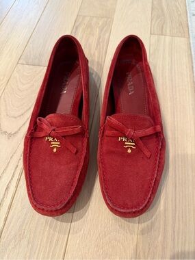 Prada Gold Logo on Red Suede Interior